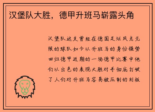汉堡队大胜,德甲升班马崭露头角