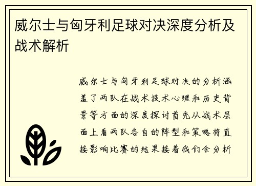 威尔士与匈牙利足球对决深度分析及战术解析